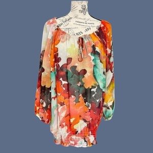 Calvin Klein Smocked Hem, Multicolor Watercolor-Look Flowy Blouse